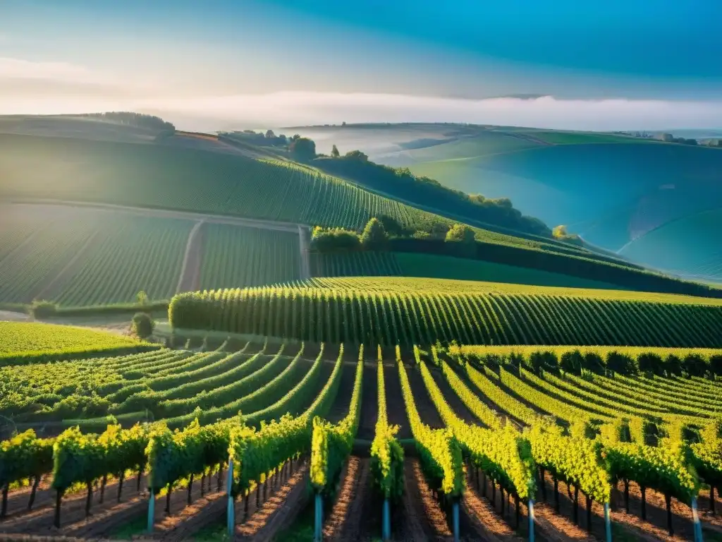 Producción Champagne clima cambio impacto: Viñedos bajo cielo azul, trabajadores cuidando las vides en armonía con la naturaleza