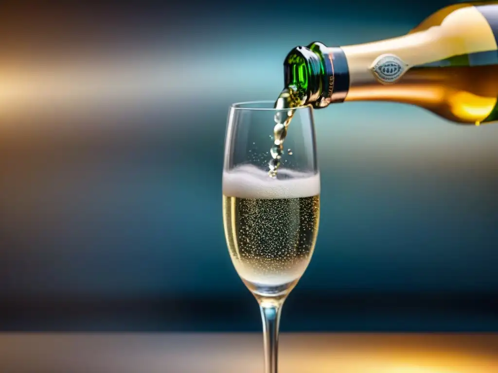 Servir Champagne como Connoisseur: Detalle de una copa de cristal llenándose con burbujeante champagne, en un ambiente elegante y sofisticado