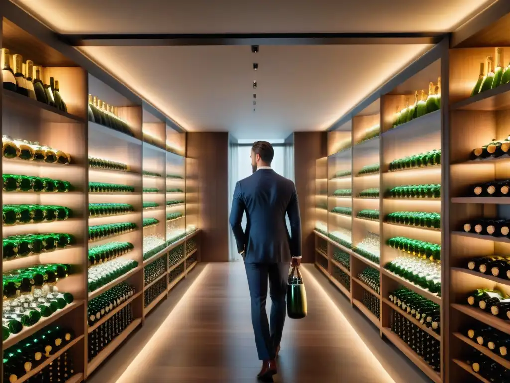 Invertir en Champagne colección gastronomía: Bodega de lujo con botellas de champagne envejeciendo, iluminada en tonos dorados, ambiente sofisticado