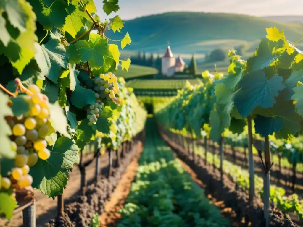 Producción Champagne: viñedo en la región con clima impacto, resaltando la belleza y detalle de la vid bajo el sol