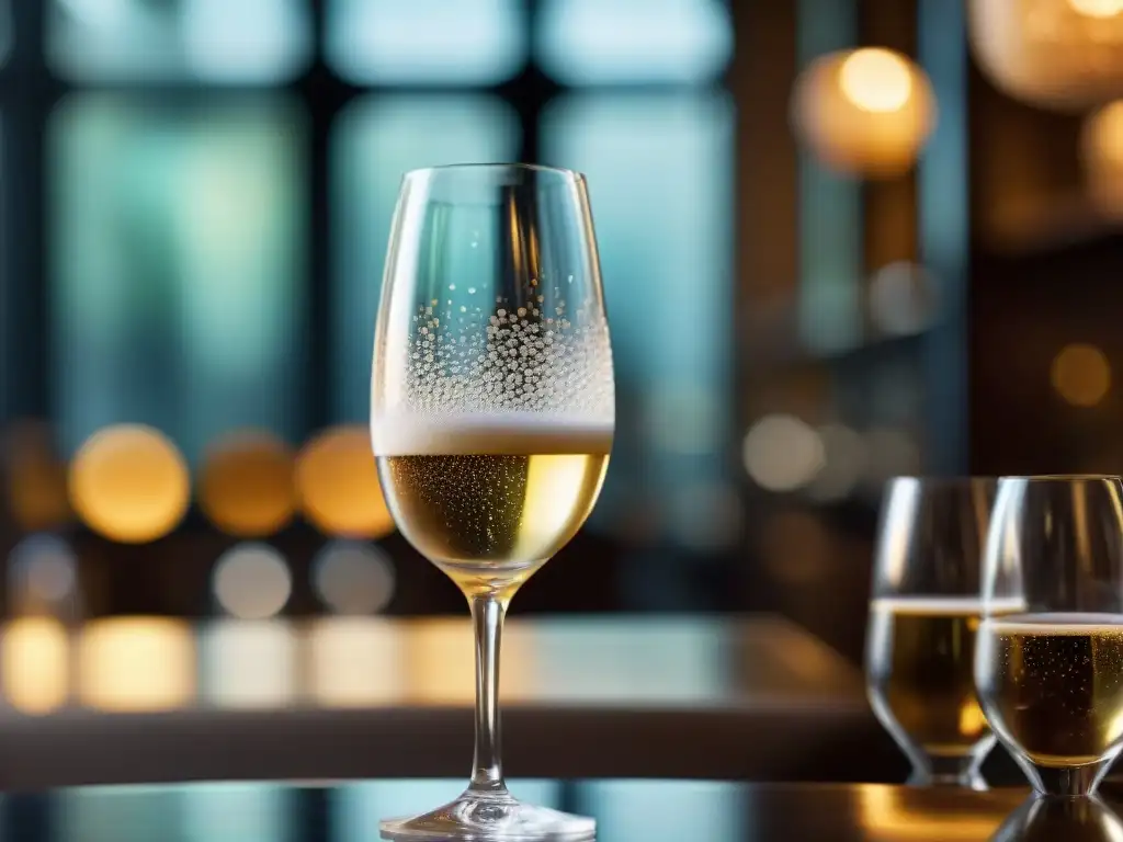 Champaña burbujeante en copa de cristal, reflejando luces en restaurante francés de alta gama