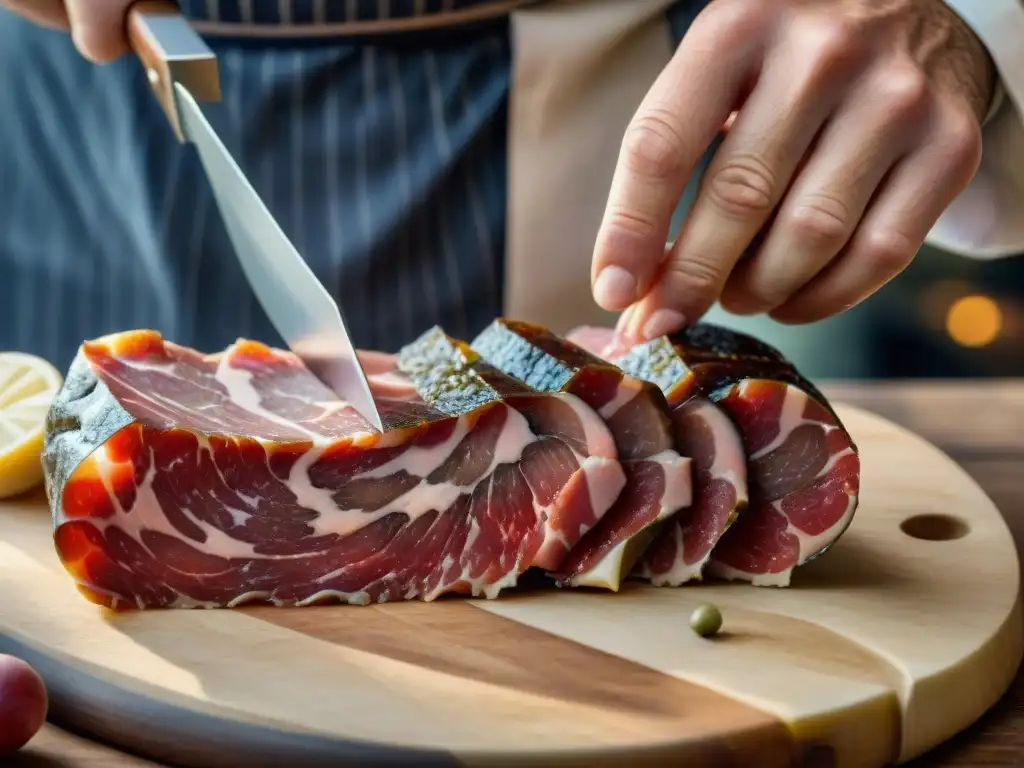 Un hábil charcutero francés cortando un jambon de Bayonne, mostrando la artesanía y tradición de la Charcutería Francesa