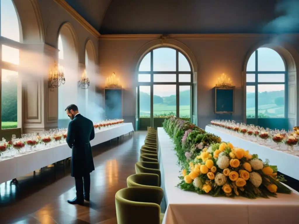 Un château francés con un evento gastronómico opulento, chefs preparando exquisiteces y François Vatel supervisando con determinación