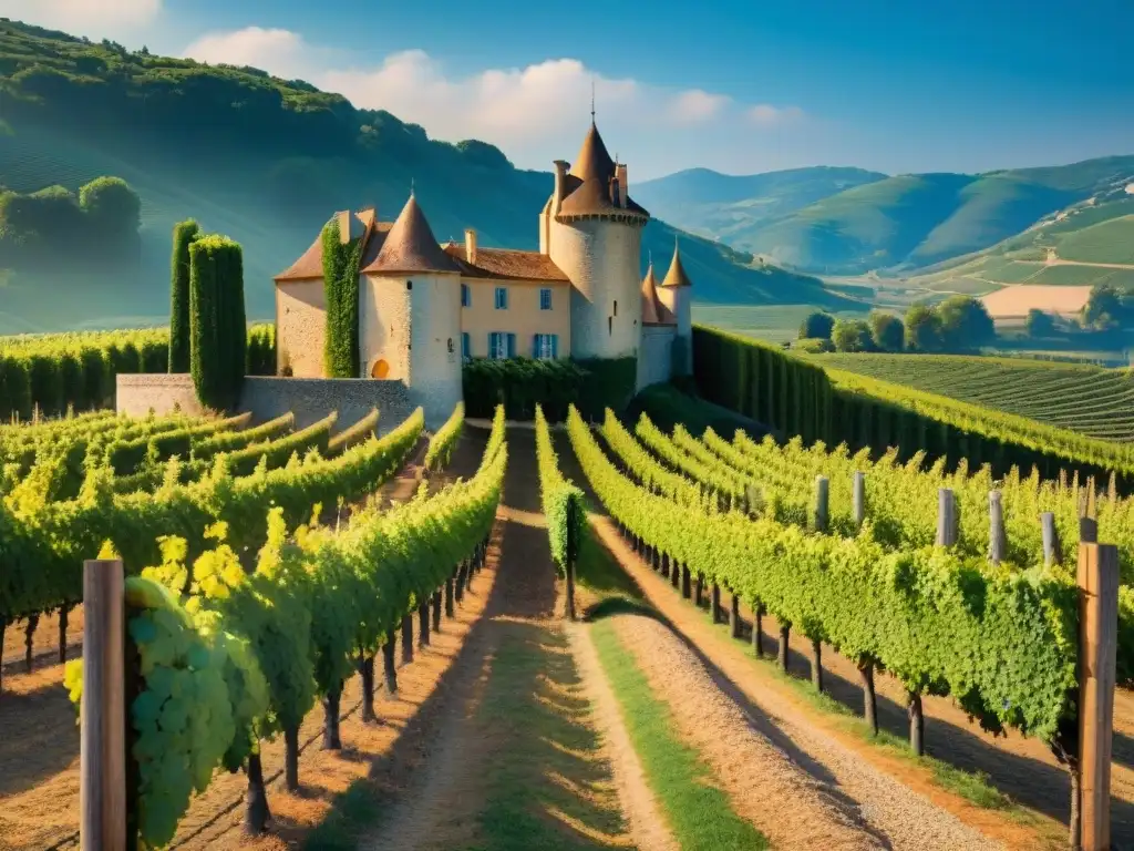 Château histórico rodeado de viñedos en la Ruta del Vino, bañado por cálida luz dorada