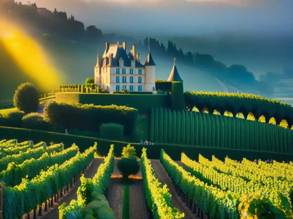 Un château francés rodeado de viñedos, trabajadores cosechando uvas bajo el sol dorado