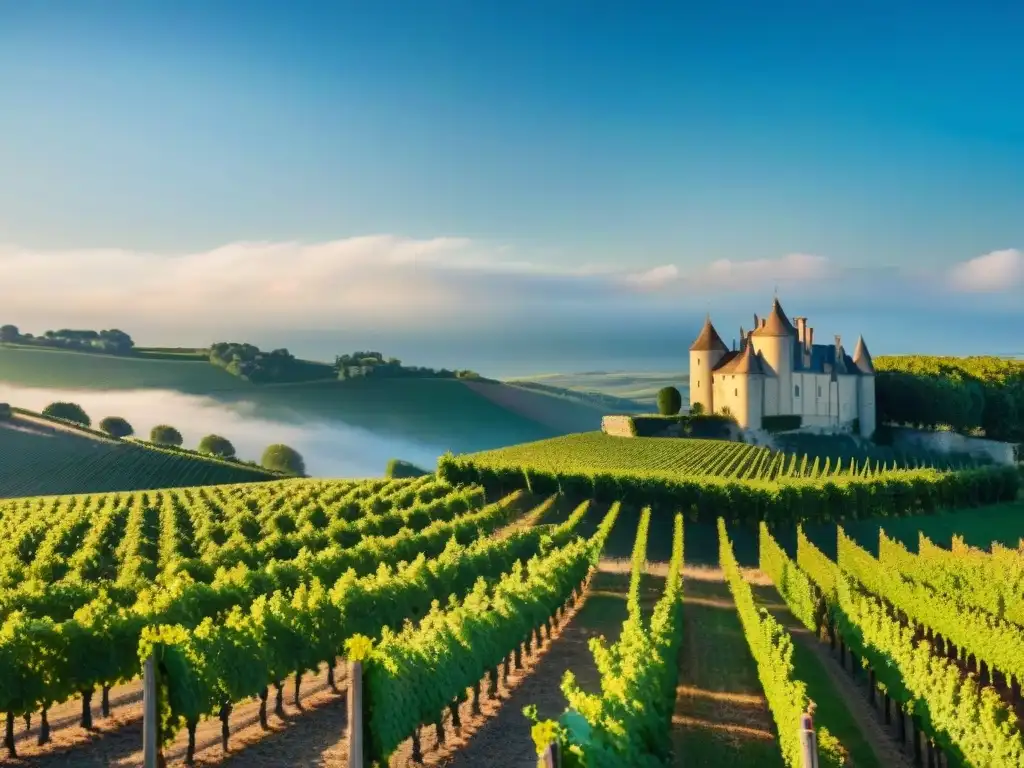 Un Château francés con viñedos verdes bajo el sol, evocando la gastronomía francesa en un escenario elegante y tradicional