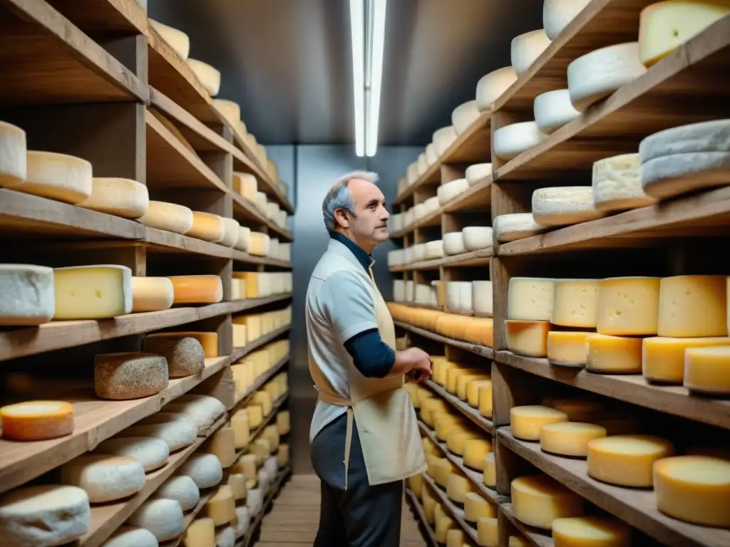 Cellar de quesos francés: tradición y cuidado en cada rincón Cheesemaker preservando tradición queso francés en bodega de maduración con variedad de quesos en estantes de madera