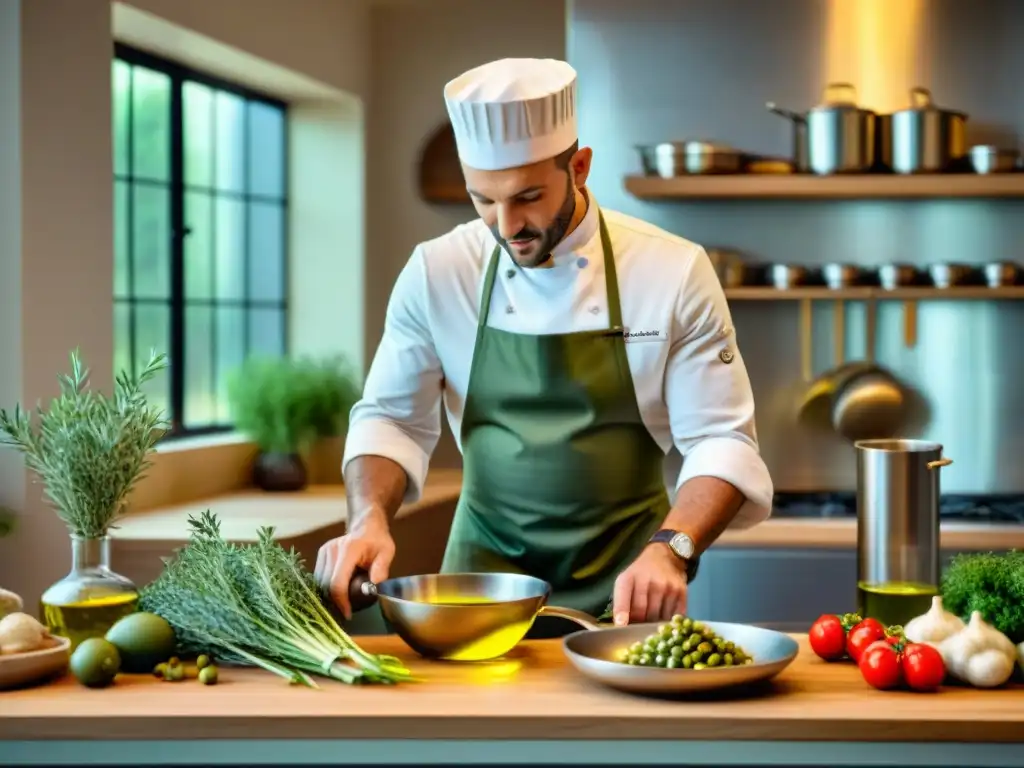 Un chef francés cuidadosamente añade aceite de oliva francés gourmet a una exquisita creación culinaria en una elegante cocina