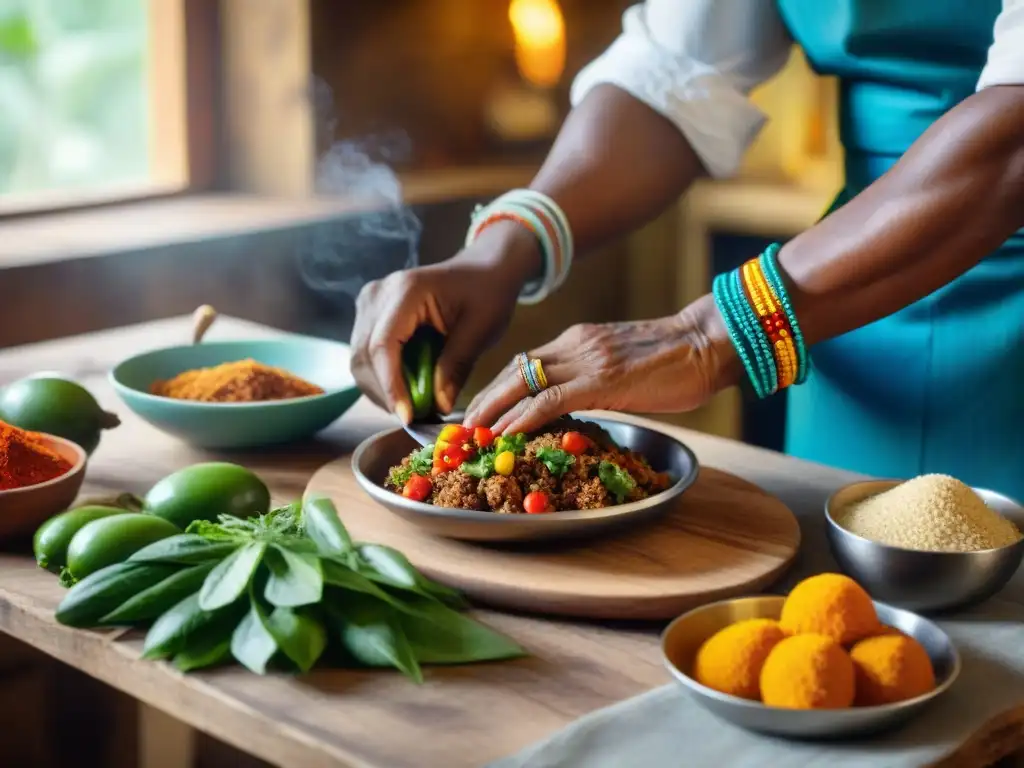 Un chef AfroCaribeño anciano prepara platos tradicionales en cocina rústica, mostrando la influencia africana en cocina Martinica