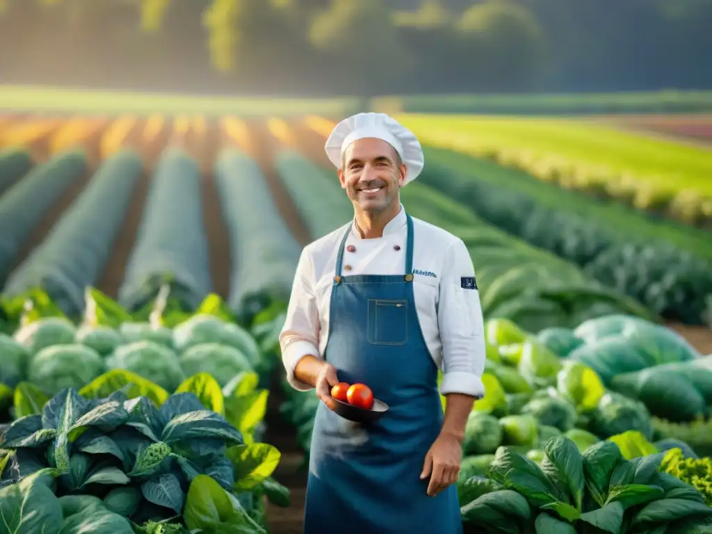 Un chef francés y un agricultor juntos en un campo, destacando la colaboración en gastronomía sostenible en Francia