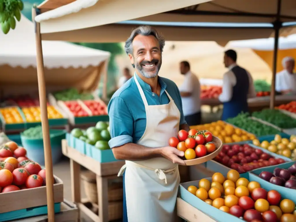 Un chef francés colabora con un agricultor en un mercado tradicional, seleccionando tomates