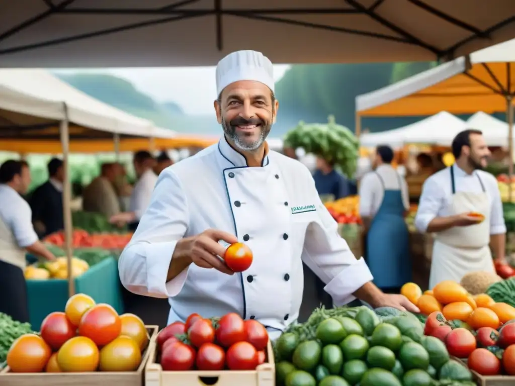 Un chef francés discute apasionadamente con agricultores locales en un animado mercado, promoviendo la colaboración en la gastronomía sostenible