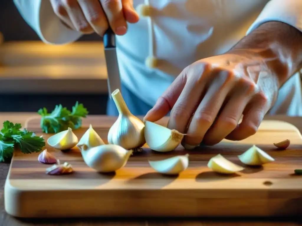 Un chef cortando hábilmente ajos frescos en el Festival del Ajo de Tours