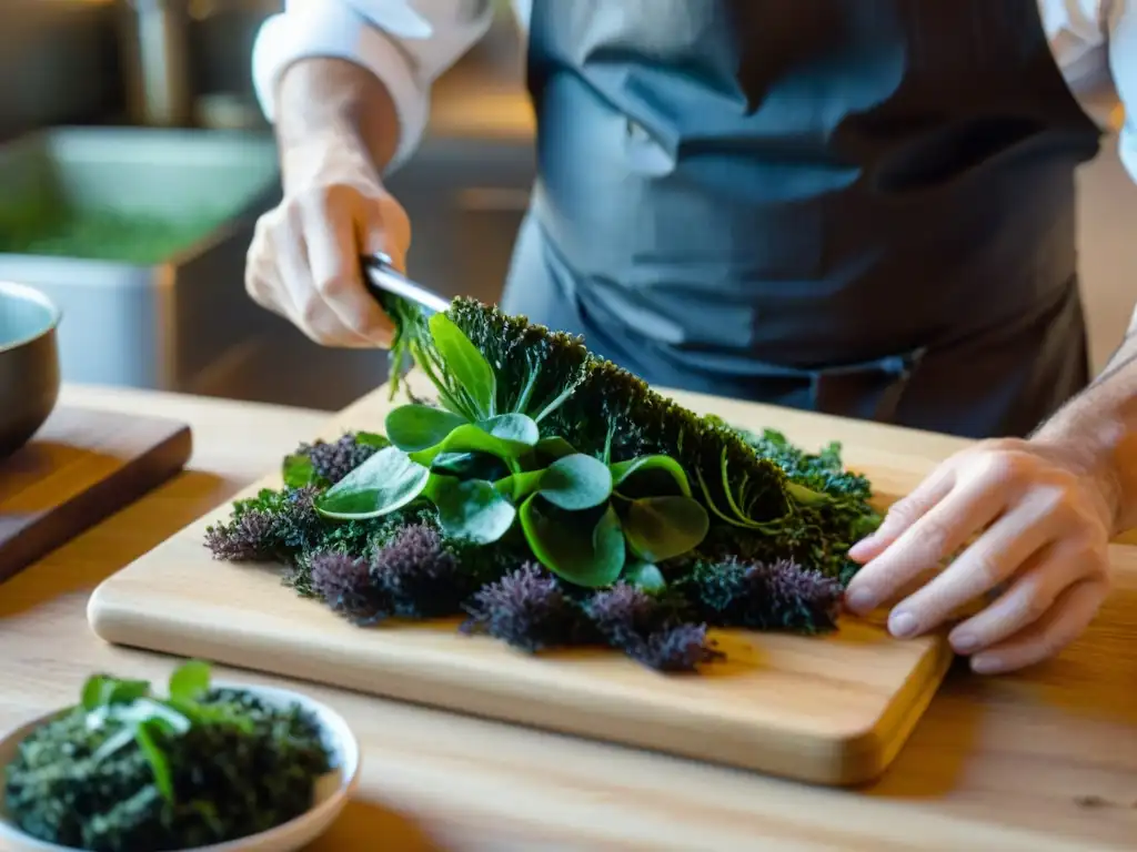 Un chef bretón preparando algas comestibles en su cocina tradicional, mostrando la diversidad y colorido de las plantas marinas