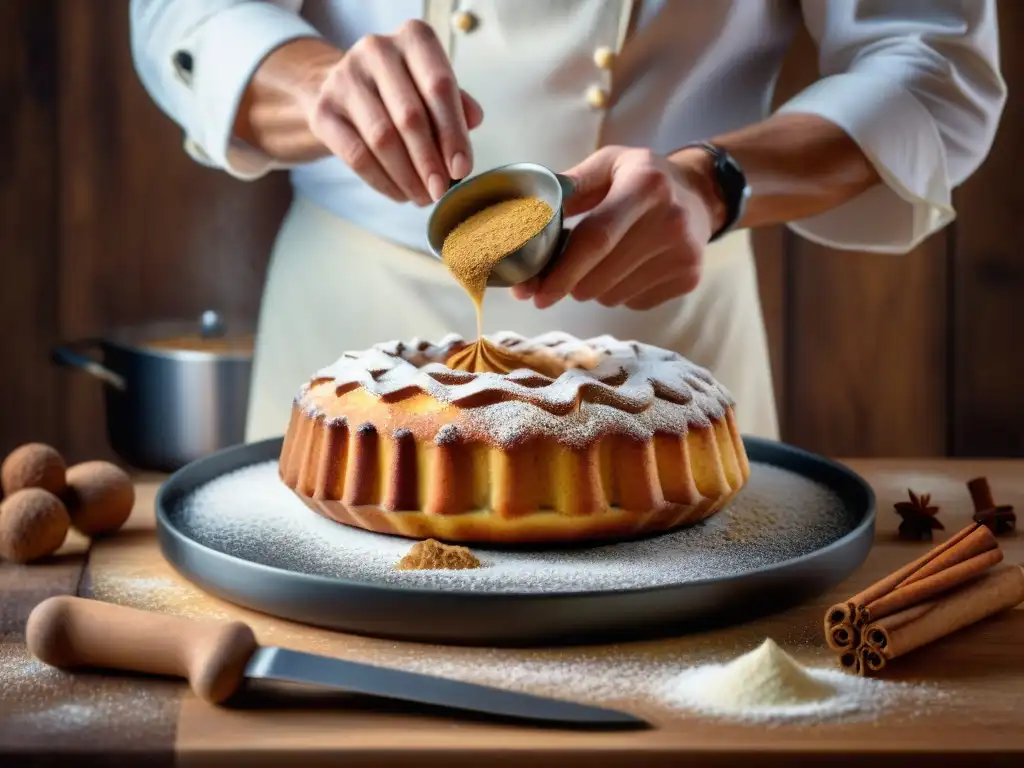 Un chef alsaciano espolvoreando canela y nuez moscada sobre un Kougelhopf recién horneado