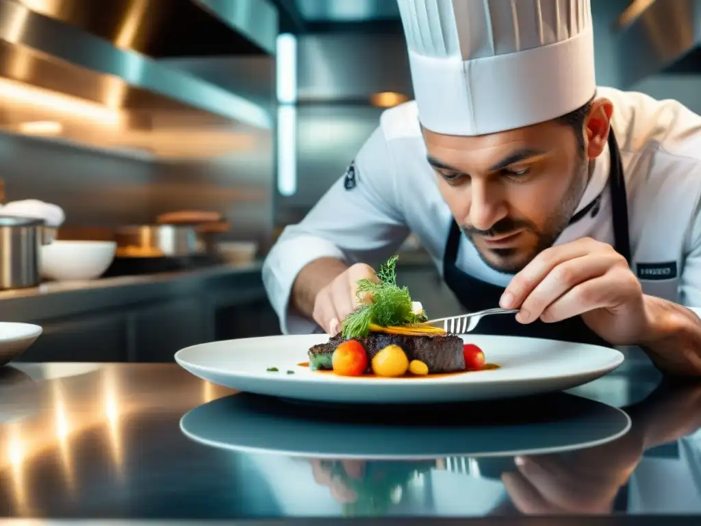 Un chef francés de alta cocina en París elaborando un exquisito plato con precisión y elegancia