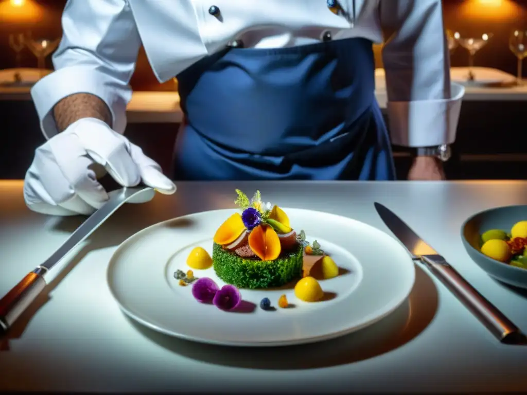 Un chef francés de alta cocina en París, colocando flores comestibles en un exquisito plato gourmet