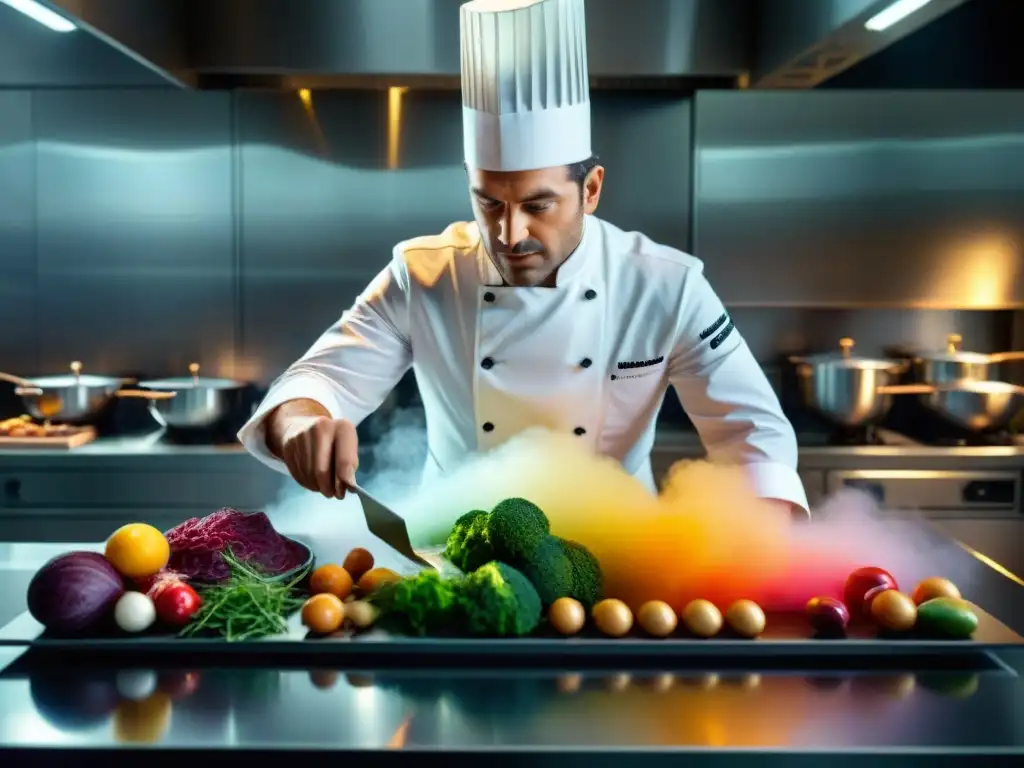 Un chef francés de alta cocina crea un innovador plato en una cocina moderna