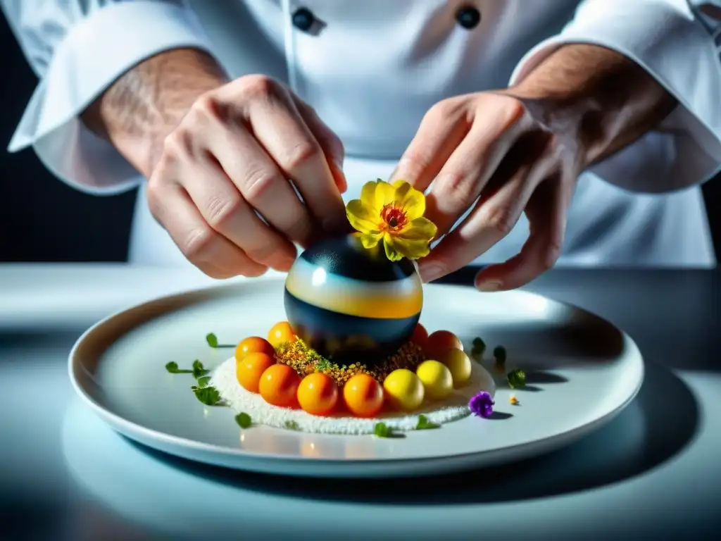 Un chef francés de alta cocina Michelin creando innovaciones culinarias francesas ciencia en un plato minimalista y detallado