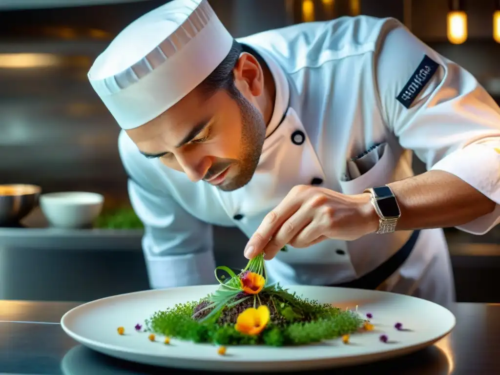 Un chef francés de alta cocina creando una obra de arte con flores comestibles, representando innovaciones en presentación de platos franceses