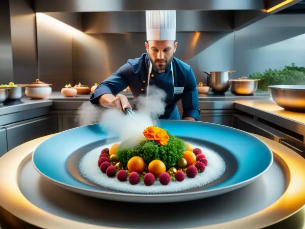 Un chef francés de alta cocina creando una obra maestra culinaria en una cocina moderna, representando las tendencias emergentes en la cocina francesa