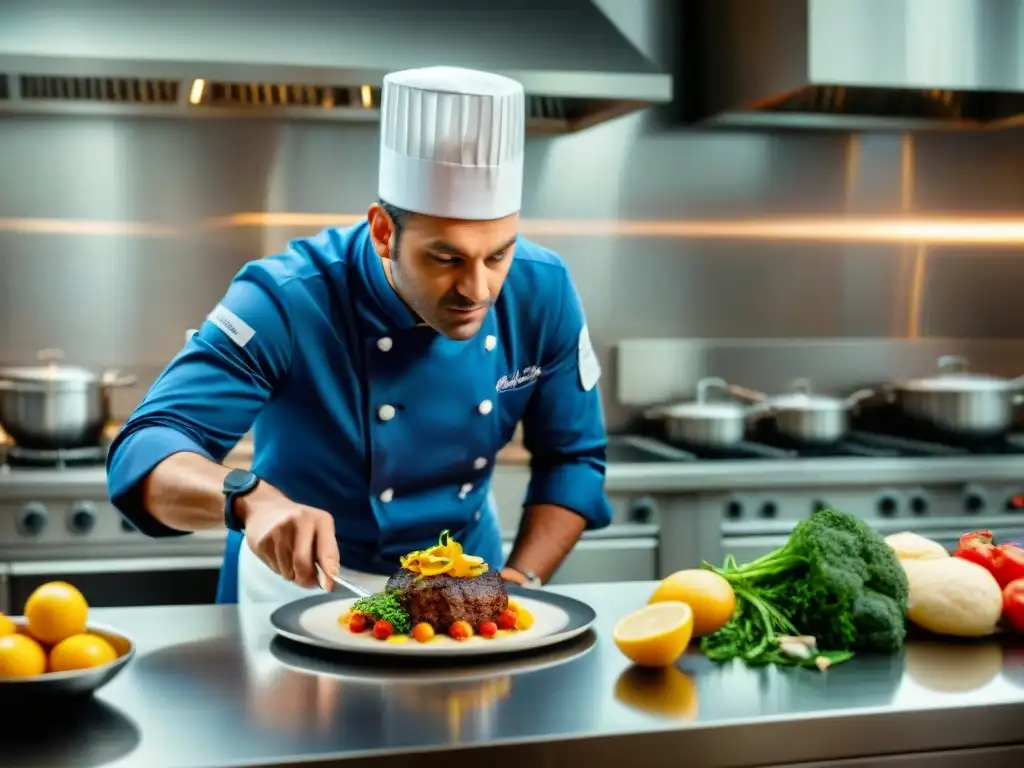 Chef francés de alta cocina plating innovaciones culinarias en cocina francesa con herramientas avanzadas