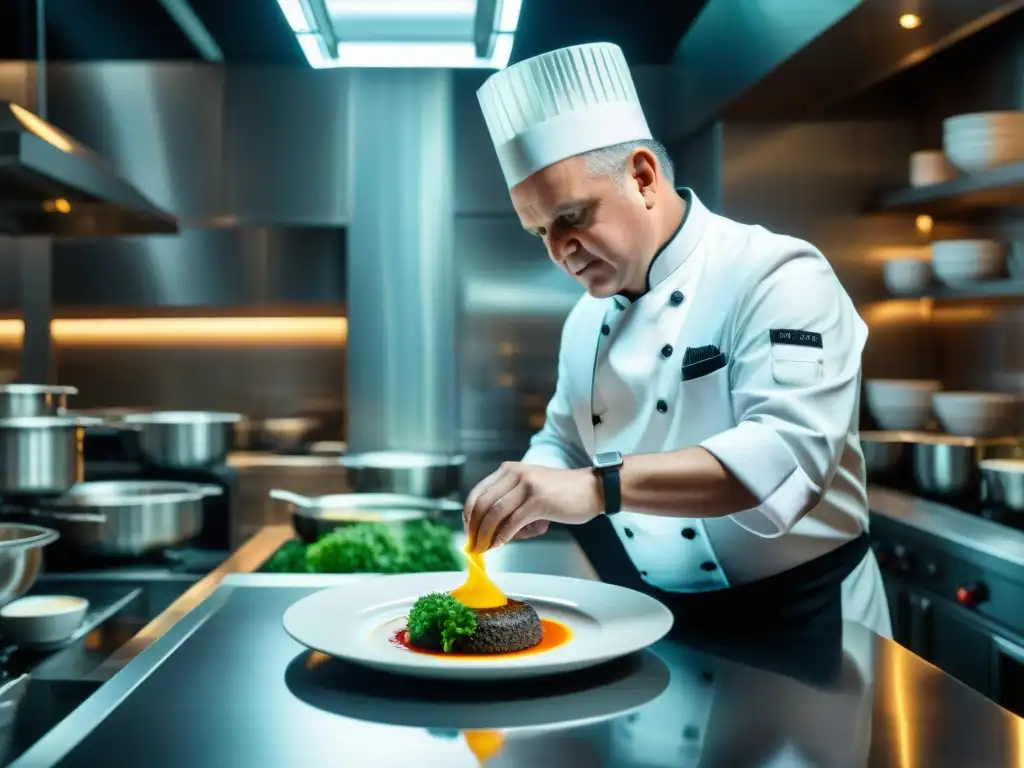 Chef francés de alta cocina Joël Robuchon plateando plato exquisito en su bulliciosa cocina Michelin