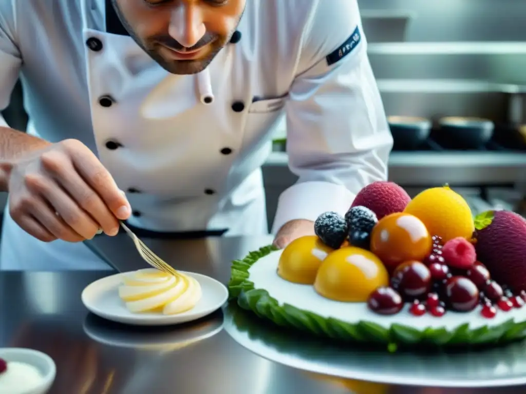 Un chef francés de alta cocina preparando un postre meticuloso en su cocina innovadora