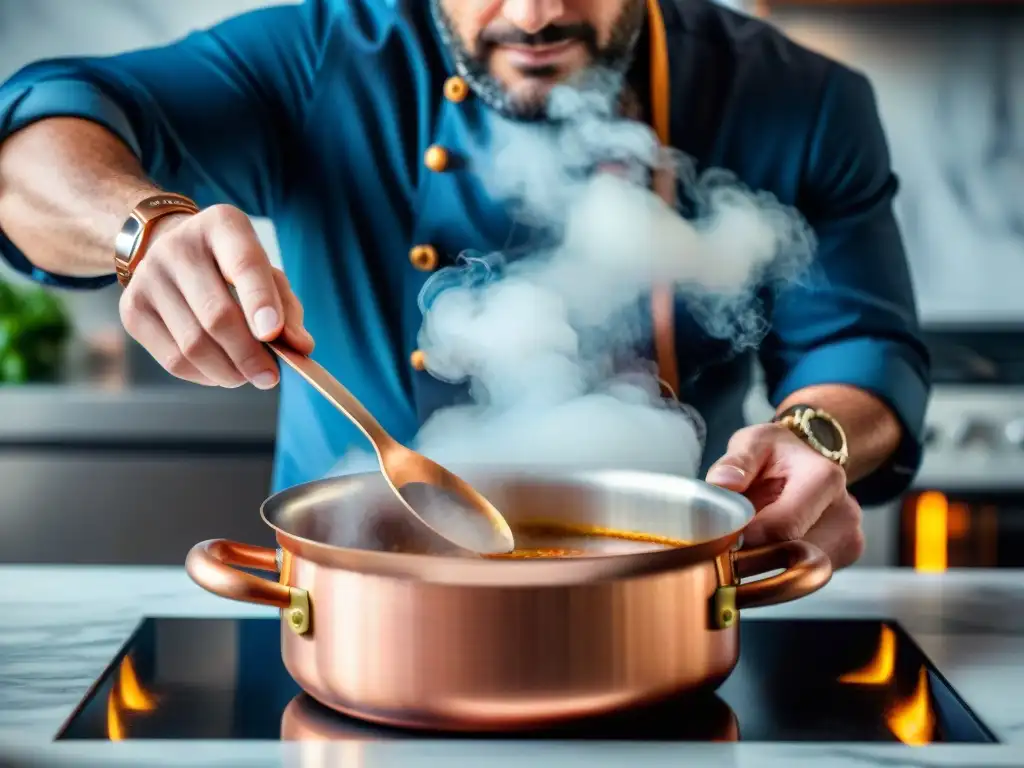 Un chef francés de alta gama manejando con maestría una cacerola de cobre, en un elegante escenario de cocina