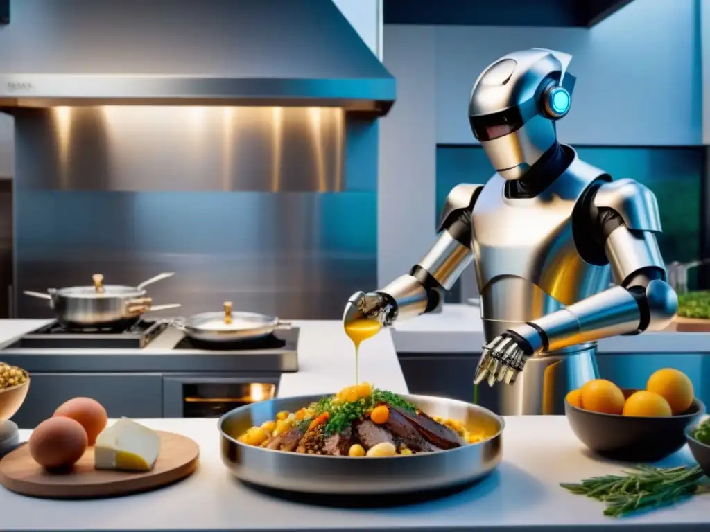 Un chef robot de alta tecnología preparando plato francés en cocina moderna