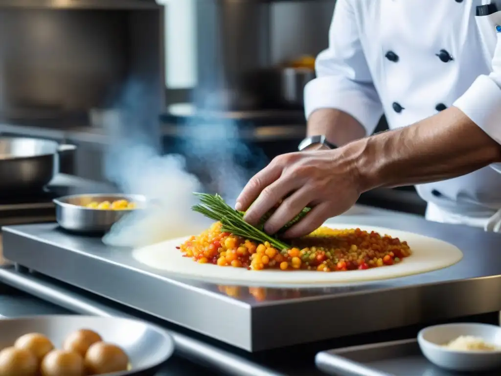 Un chef amateur francés competitivo concentra su pasión y destreza en cortar ingredientes frescos para su plato tradicional