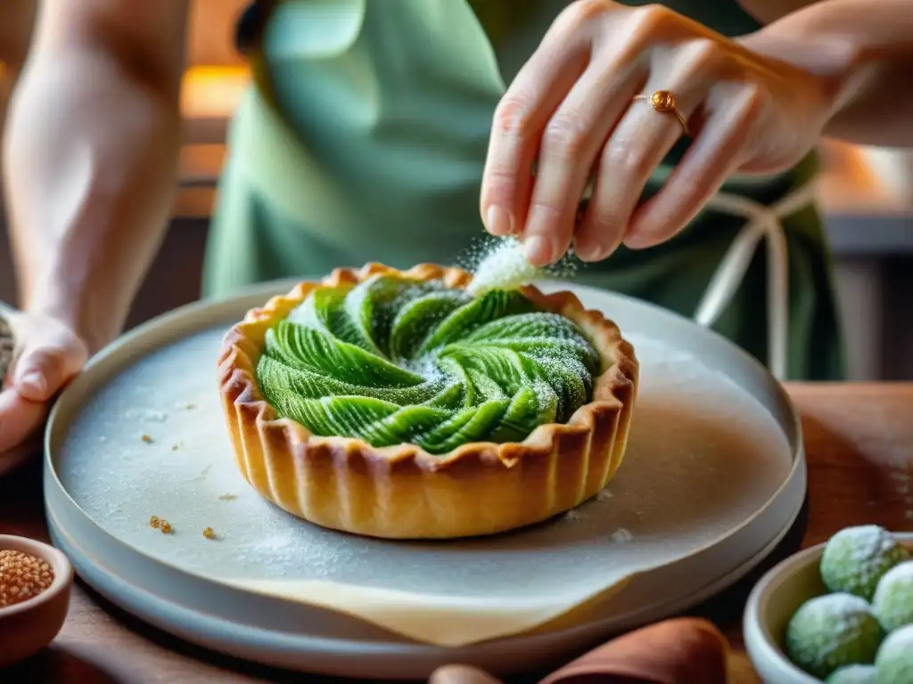 Chef espolvoreando angélica confitada sobre pastelería francesa recién horneada en cocina rústica soleada