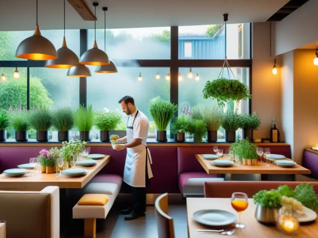 Un chef apasionado prepara un plato sostenible en un restaurante ecofriendly francés en París, con clientes disfrutando de la gastronomía