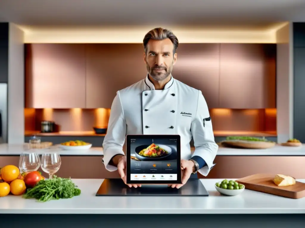Cocina francesa moderna con tecnología de vanguardia Chef francés usa aplicaciones culinarias en cocina moderna de alta tecnología