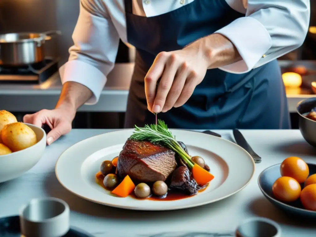 Un chef francés presenta con arte un elegante Coq au Vin, resaltando la importancia de la presentación en la gastronomía francesa