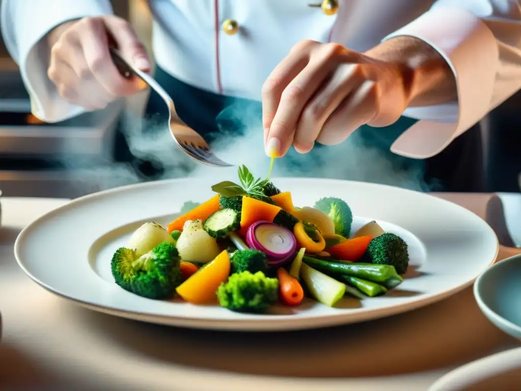 Un chef francés coloca con precisión y arte verduras al vapor en un plato blanco, destacando las técnicas cocina al vapor francesa