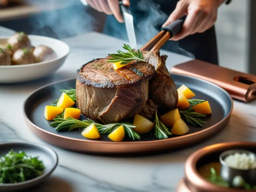 Un chef francés prepara un Asado de cordero francés tradicional en una cocina rústica con utensilios de cobre y hierbas frescas