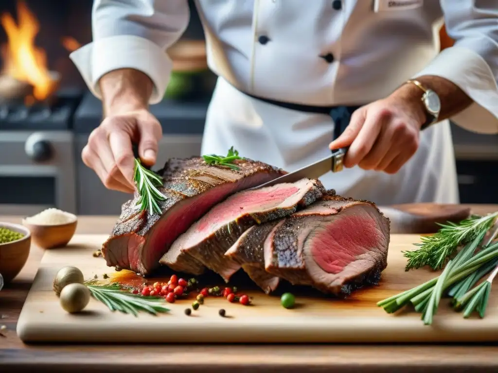 Un chef francés sazona expertamente un asado de cordero francés tradicional, mostrando movimientos precisos y colores vibrantes de las especias