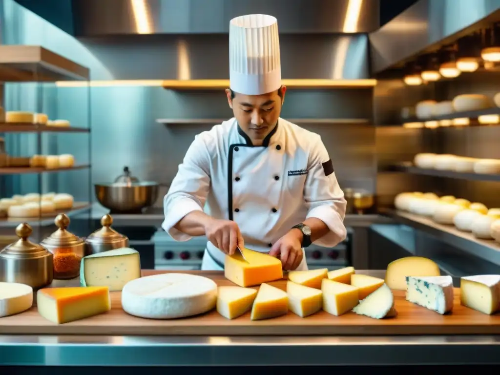 Un chef asiático experto fusionando quesos franceses en una cocina bulliciosa, reflejando la mezcla cultural Franco-Asiática