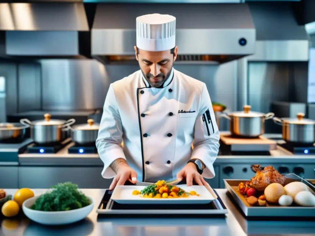 Chef francés interactúa con asistente culinario de IA en cocina futurista