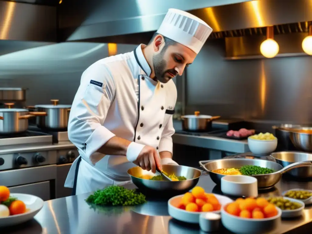 Un chef francés prepara con audacia un plato innovador en un elegante restaurante parisino, con maridajes atrevidos gastronomía francesa