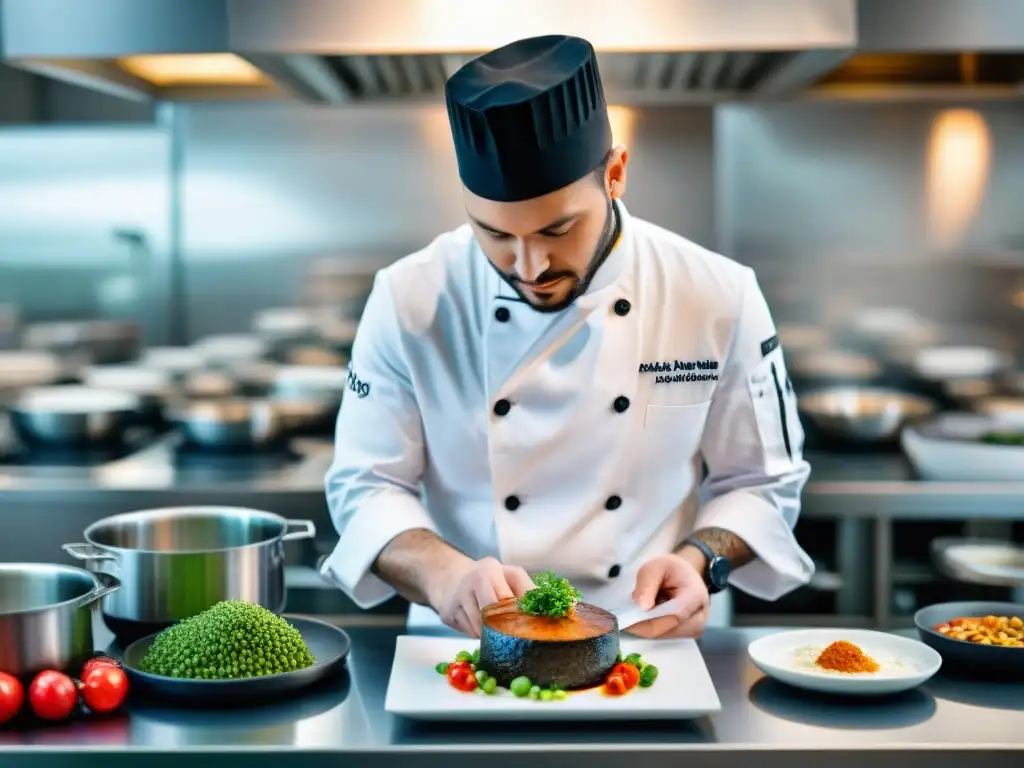 Un chef en aula culinaria moderna con tecnología avanzada en escuela francesa