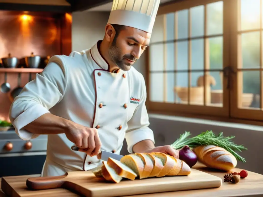 Un chef francés corta una baguette fresca en una cocina provenzal acogedora