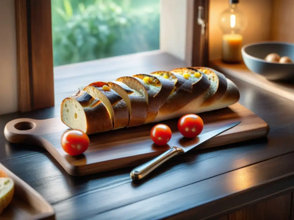 Un chef hábil cortando baguettes y tomates sobre una tabla de cortar de nogal en una cocina francesa rústica