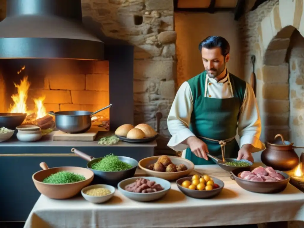 Chef preparando banquete en cocina medieval francesa con utensilios antiguos