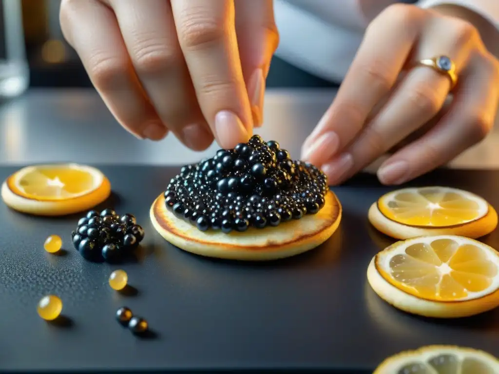 Un chef francés coloca caviar sobre un blini dorado en cocina elegante