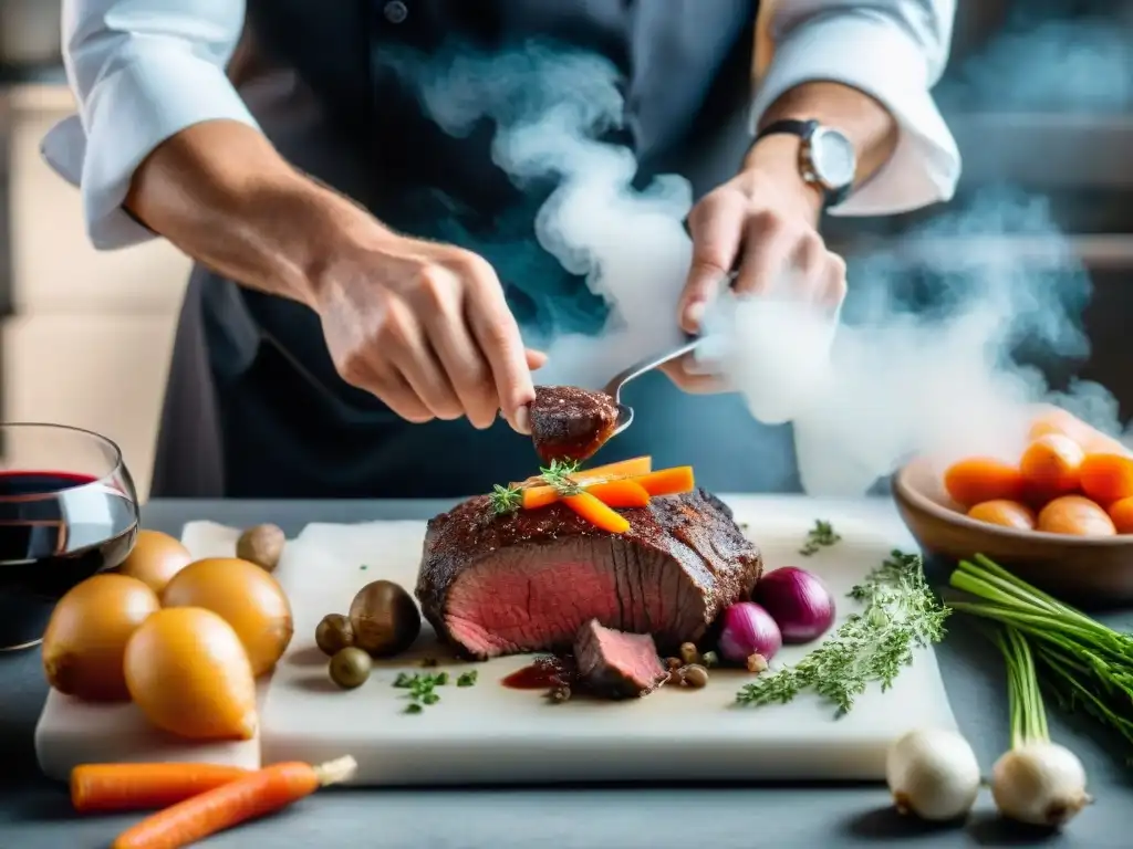 Un chef francés sazona con precisión un bolsa de vacío con boeuf bourguignon, rodeado de ingredientes tradicionales franceses