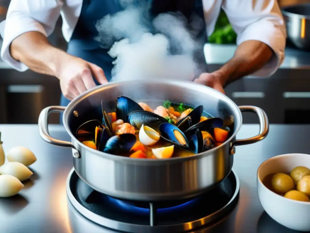 Un chef preparando una Bouillabaisse en una cocina francesa tradicional