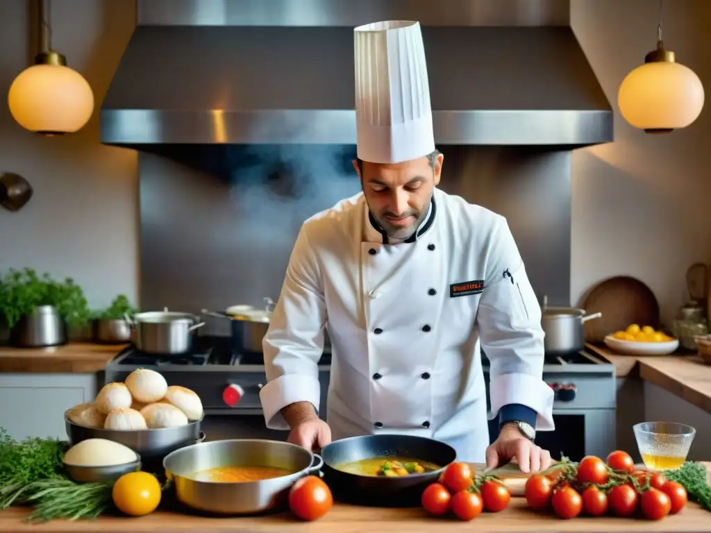 Chef preparando bouillabaisse receta tradicional adaptada en cocina francesa