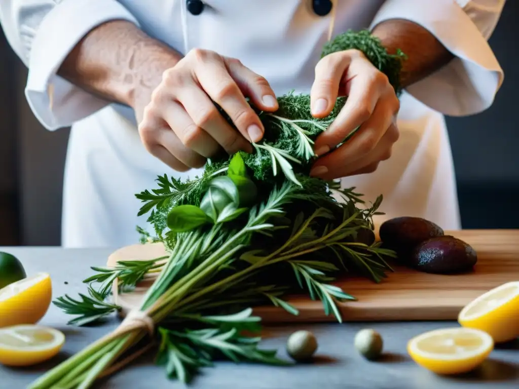 Un chef anuda bouquet garni con hierbas frescas para una receta Coq au Vin internacional